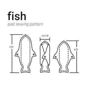 May include: A sewing pattern for a fish-shaped cloth pad. The pattern includes three pieces: a full-length fish, a folded fish, and a fish with a tail fin. The pattern is labeled with measurements in inches: 11.75 inches, 9.75 inches, and 2.5-2.75 inches.