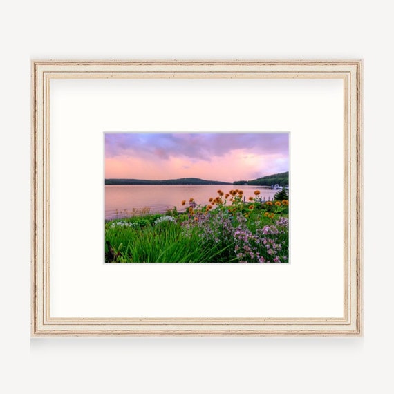 Gift Boxed, Framed Art, Lake Winnipesaukee, Meredith, New Hampshire, Framed Print, Lake Winnipesaukee Gift, Art, Gift, Lake, Flowers, Sunset