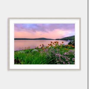 May include: A scenic landscape photograph featuring a lake with a mountain range in the background. The sky is a vibrant pink and purple with fluffy white clouds. The foreground is a lush green field with wildflowers in bloom.
