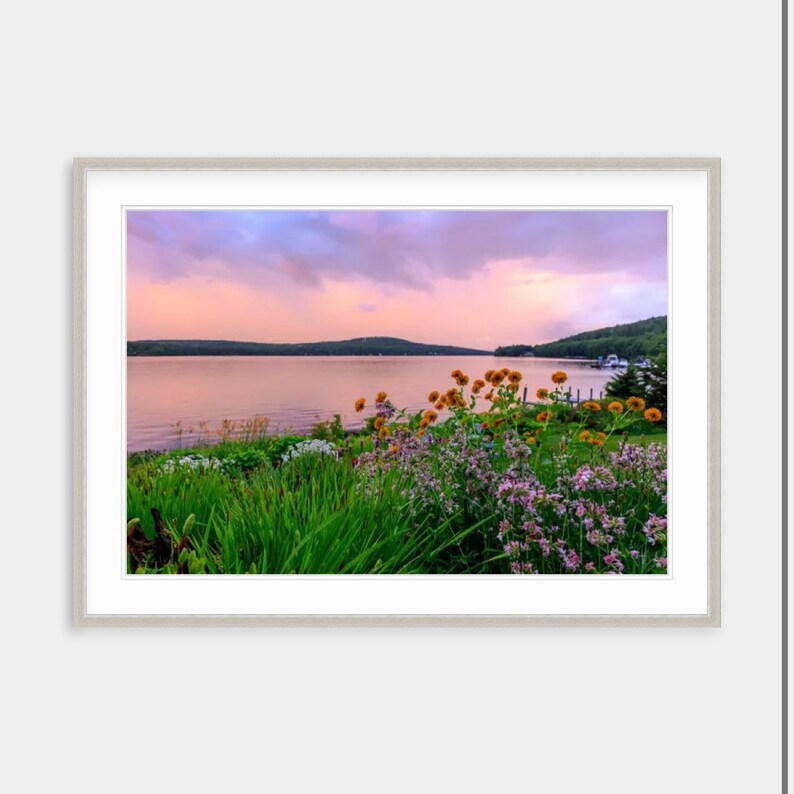 May include: A scenic landscape photograph featuring a lake with a mountain range in the background. The sky is a vibrant pink and purple with fluffy white clouds. The foreground is a lush green field with wildflowers in bloom.
