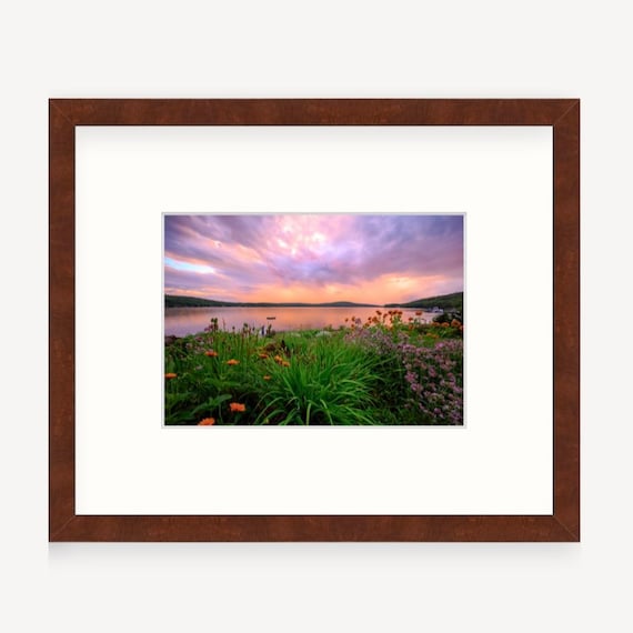 Gift Boxed, Framed Art, Lake Winnipesaukee, Meredith, New Hampshire, Framed Print, Lake Winnipesaukee Gift, Art, Gift, Lake, Flowers, Sunset