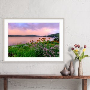 May include: A framed photograph of a lake with a pink and purple sunset sky. The lake is surrounded by green trees and bushes with yellow and purple flowers in the foreground.