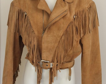 Veste Perfecto daim camel franges vintage 80