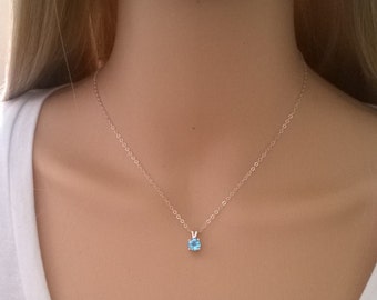 Sterling Silver Blue Topaz Necklace; Blue Gemstone Pendant; Faceted, Round, Light Sky Blue Topaz Necklace; December Birthstone
