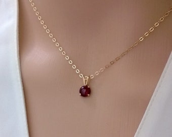 Garnet necklace 14Kt gold filled; tiny garnet necklace gold; small round garnet pendant necklace; January birthstone gift for women or girls