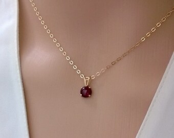 Garnet necklace 14Kt gold filled; tiny garnet necklace gold; small round garnet pendant necklace; January birthstone gift for women or girls