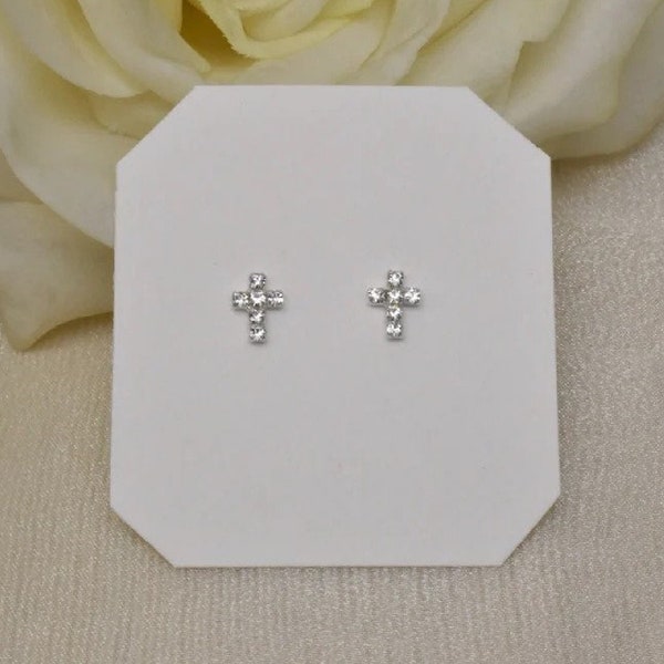 Cross Stud Earrings, Cubic Zirconia & Sterling Silver; Small Cross Earrings with Tiny Crystals; Minimalist Christian Jewelry