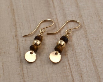 14Kt Gold-Filled Drop Earrings with Tiger's Eye. Small Gold Earrings with Brown Gemstones. Minimalist Gold Discs, Natural Earth Toned Gems.