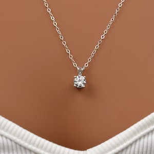 Sterling Silver Cubic Zirconia Pendant Necklace. Small Simulated Diamond. Round Cut, Faceted Zirconia Gemstone. Simple, Elegant Necklace. image 1