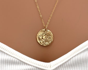 Gold Lion Pendant Necklace. Leo Zodiac Necklace. Gold Coin Pendant. Amulet Necklace, Gift for Girls or Women