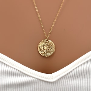 Gold Lion Pendant Necklace. Leo Zodiac Necklace. Gold Coin Pendant. Amulet Necklace, Gift for Girls or Women image 1