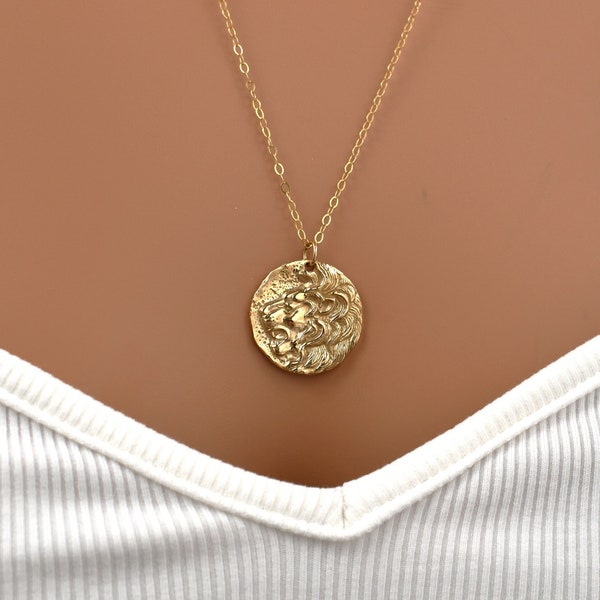 Gold Lion Pendant Necklace. Leo Zodiac Necklace. Gold Coin Pendant. Amulet Necklace, Gift for Girls or Women