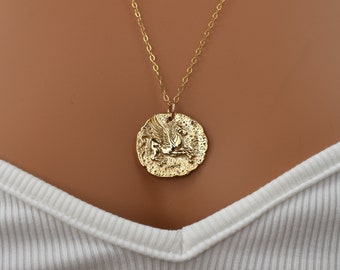 Gold Pegasus Horse Pendant Necklace. Greek Mythology Coin Necklace. Long Gold Necklace with Pendant. Graduation Jewelry Gifts for Women.