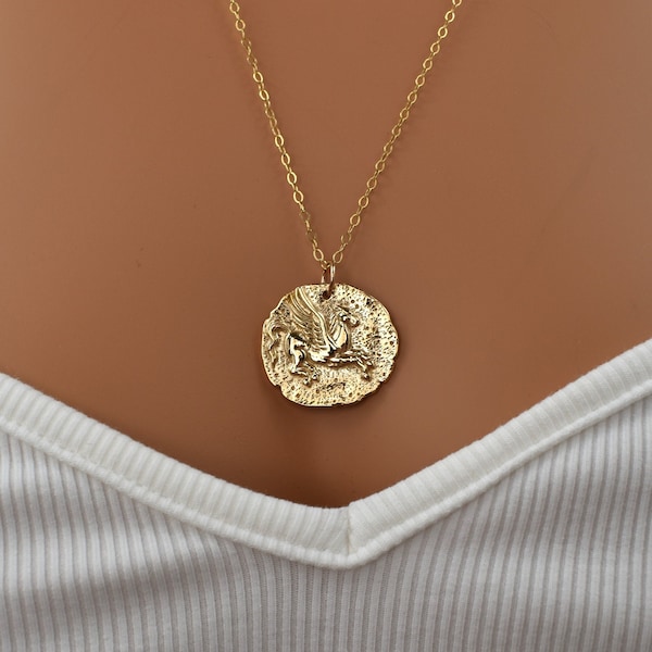 Gold Pegasus Horse Pendant Necklace. Greek Mythology Coin Necklace. Long Gold Necklace with Pendant. Graduation Jewelry Gifts for Women.