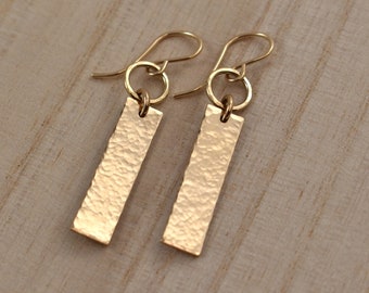 Gold Rectangle Bar Statement Earrings. Hammered Geometric Dangle Earrings in 14K Gold Filled. Circle and Rectangle Artisan Earrings.