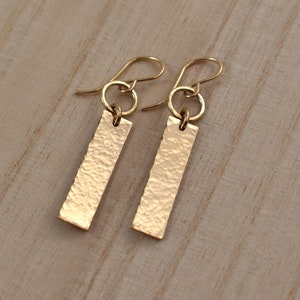 Gold Rectangle Bar Statement Earrings. Hammered Geometric Dangle Earrings in 14K Gold Filled. Circle and Rectangle Artisan Earrings.
