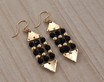 14Kt Gold-Filled Triangle Dangle Earrings with Black Onyx Gemstones. Long, Elegant Boho Chic Earrings. Handcrafted, Unique Jewelry.