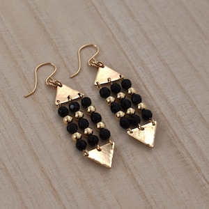 14Kt Gold-Filled Black Onyx Triangle Earrings: Boho Dangle Jewelry