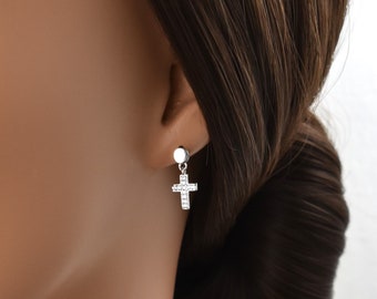Sterling Silver Stud Cross Dangle Earrings with Cubic Zirconia. Sparkly Cross Drop Earrings. Christian Earrings. Christian Jewelry for Women