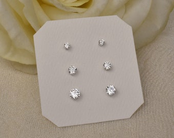 Sterling Silver Cubic Zirconia Stud Earrings Set of three: 3mm, 4mm, & 5mm. Small and Simple Silver Stud. Minimalist Jewelry Gifts for Women