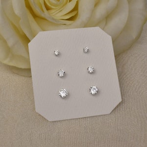 Sterling Silver Cubic Zirconia Stud Earrings Set of three: 3mm, 4mm, & 5mm. Small and Simple Silver Stud. Minimalist Jewelry Gifts for Women