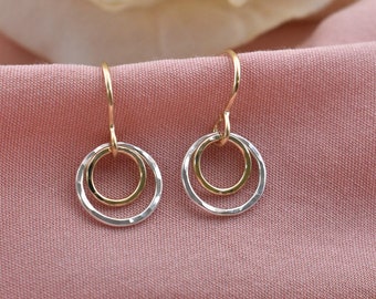 Tiny 14Kt Gold Filled & Sterling Silver Circle Earrings; Small Hammered Drop Charm Earrings; Geometric Dangle Earring Gifts for Girls, Women