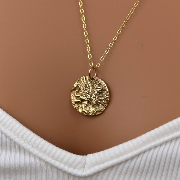 Griffin Pendant Necklace in Gold. Greek Mythology Coin Pendant Necklace. Amulet Necklace. Gift for Students, Graduation Gift for Women.