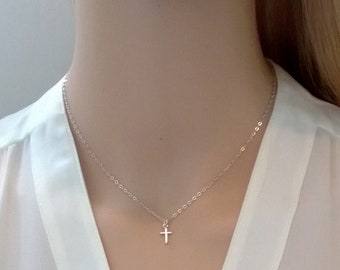 Small Sterling Silver Cross Necklace for Women. Tiny Cross Charm. Plain Sterling Silver Cross. Christian Jewelry.