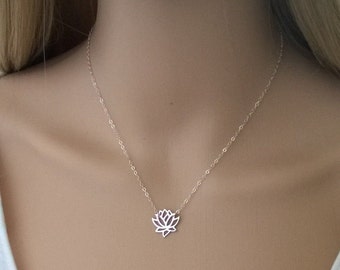 Sterling silver lotus necklace; silver lotus flower necklace; long pendant necklace; lotus necklace sterling silver