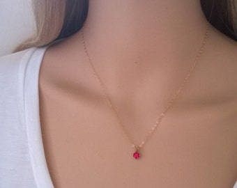Tiny ruby necklace in 14Kt gold filled; gold ruby necklace; small ruby necklace; July birthstone
