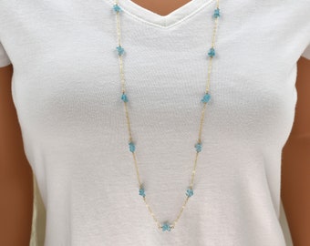 Long Gold Necklace with Blue Apatite Gemstones. 36 Inch Chain with Natural Light Blue Stones. Extra Long Boho Necklace with Chip Beads.