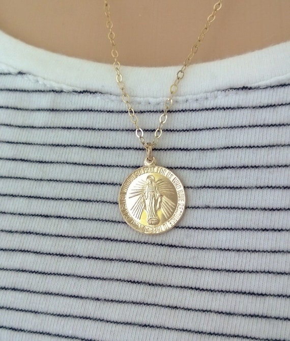 Virgin Mary Necklace 14kt Gold Filled Miraculous Medal Small Pendant - Small Virgin Mary Gold Pendant Virgin Mary Necklace 14kt Gold Filled Miraculous Medal Small Pendant - Small Virgin Mary Gold Pendant