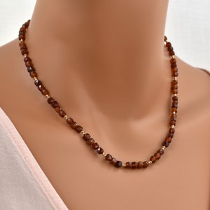Hessonite Garnet Necklace with Gold Beads. January Birthstone Necklace for Women. Semi Precious Beaded Gemstone Necklace, Genuine Garnet