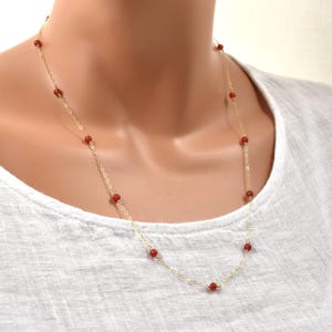 Red Carnelian Bead Necklace with Gold Chain. Fine, Dainty Chain with Red Gemstones. Beaded Gemstone Necklace. High Quality 14K Gold-Filled