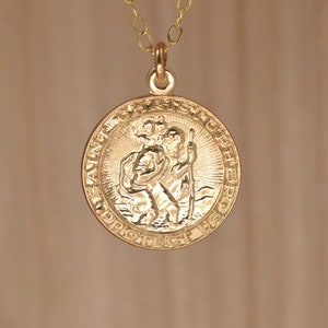 Gold Saint Christopher Pendant Necklace. 14K Gold Filled St Christopher Medal. Catholic Medallion. St Christopher Protect Us Pendant.