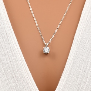 Sterling Silver Cubic Zirconia Pendant Necklace. Small Simulated Diamond. Round Cut, Faceted Zirconia Gemstone. Simple, Elegant Necklace. 2
