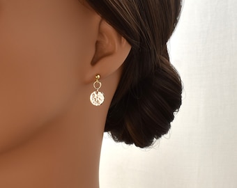 Small Gold Circle Drop Earrings on Ball Studs. Simple, Minimalist, Everyday Earrings for Women. Understated Dangle Earrings.