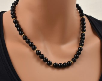 Large Bead Black Onyx Necklace with Gold Beads. Black and Gold Beaded Necklace. Chunky Beaded Necklace for Men or Women. Long or Short.