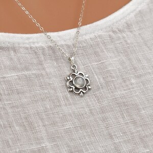 Sterling Silver Moonstone Flower Pendant Necklace. June Birthstone Jewelry. Long or Short Necklace with Pendant. Gifts for Women.