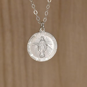 Sterling Silver Virgin Mary Necklace. Miraculous Medal Necklace. Virgin Mary Pendant. Small Catholic Medal. Christian Gifts for Women.