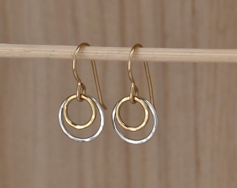 Tiny 14K Gold Filled and Sterling Silver Circle Earrings. Small Hammered Drop Charm Earrings. Geometric Dangle. Gifts for Girls and Women.