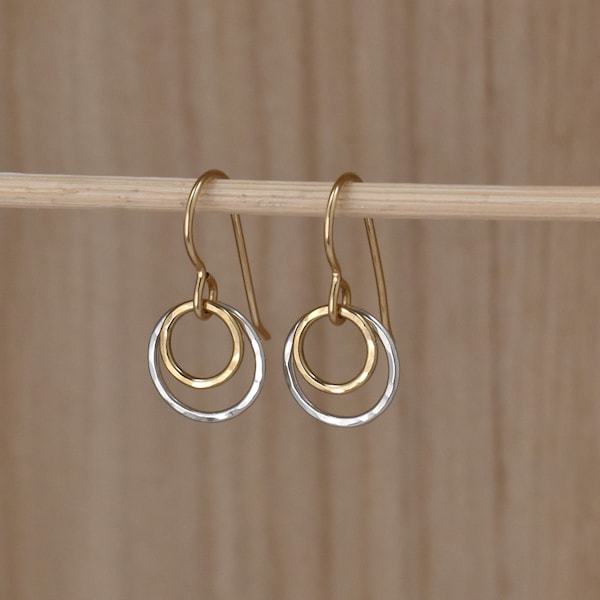 Tiny 14K Gold Filled and Sterling Silver Circle Earrings. Small Hammered Drop Charm Earrings. Geometric Dangle. Gifts for Girls and Women.