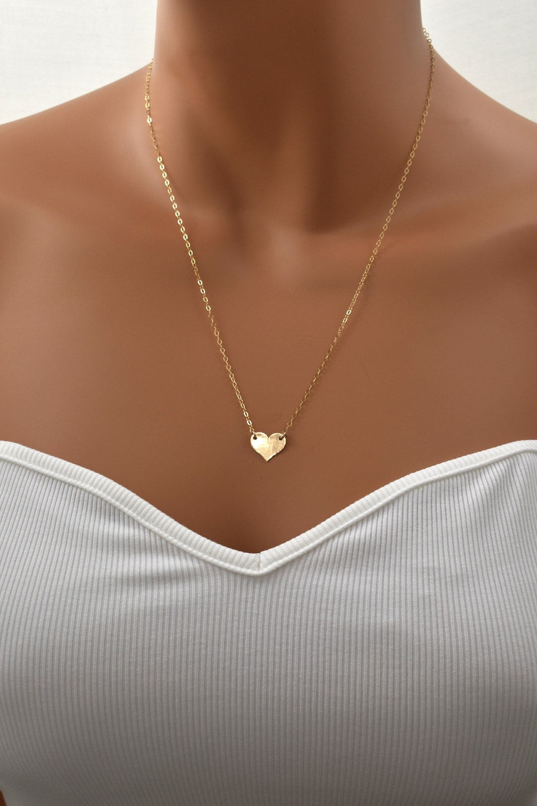Gold Heart Charm Necklace. Small Heart Link With Hammered Surface
