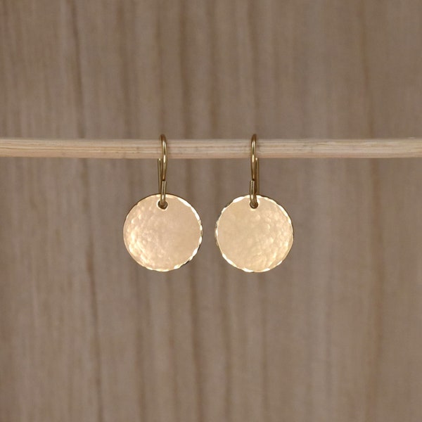 Gold Circle Drop Earrings. Hammered Disk Earrings in 14K Gold Filled. Elegant Minimalist Earrings. Full Moon Dangle Earrings. 2