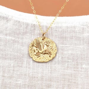 Gold Pegasus Horse Pendant Necklace. Greek Mythology Coin Necklace. Long Gold Necklace with Pendant. Graduation Jewelry Gifts for Women.