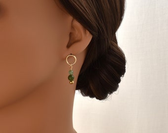 Green Jade and Aventurine Drop Earrings on Gold Circle Studs. Dark & Light Green Natural Gemstone Dangle Earrings. Unique, Artistic Earrings