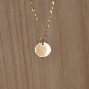 Gold Circle Pendant Necklace with Hammered Surface. Long Gold Necklace with Pendant. 14K Gold Filled Hammered Disc Necklace.
