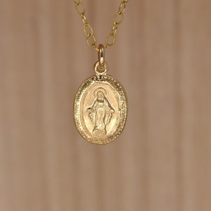Gold Virgin Mary Pendant Necklace. Miraculous Medal Necklace. Small Catholic Saint Medal. Christian Necklaces for Women.