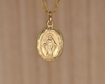 Gold Virgin Mary Pendant Necklace. Miraculous Medal Necklace. Small Catholic Saint Medal. Christian Necklaces for Women.