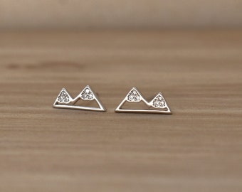 Cute Mountain Stud Earrings in Sterling Silver with Cubic Zirconia. Studs with Tiny Crystals. Fun Unique Earrings for Women.